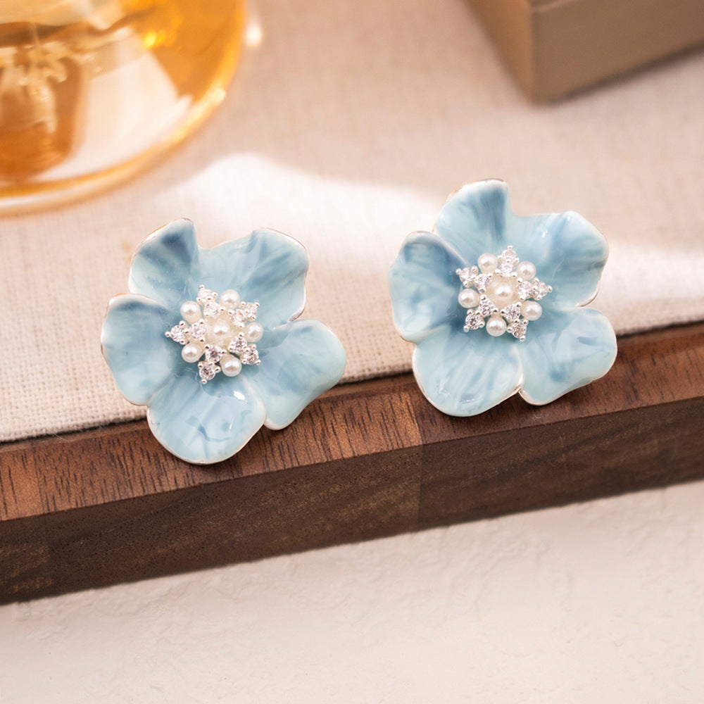 Wholesale Silver needle color zircon pearl camellia earrings