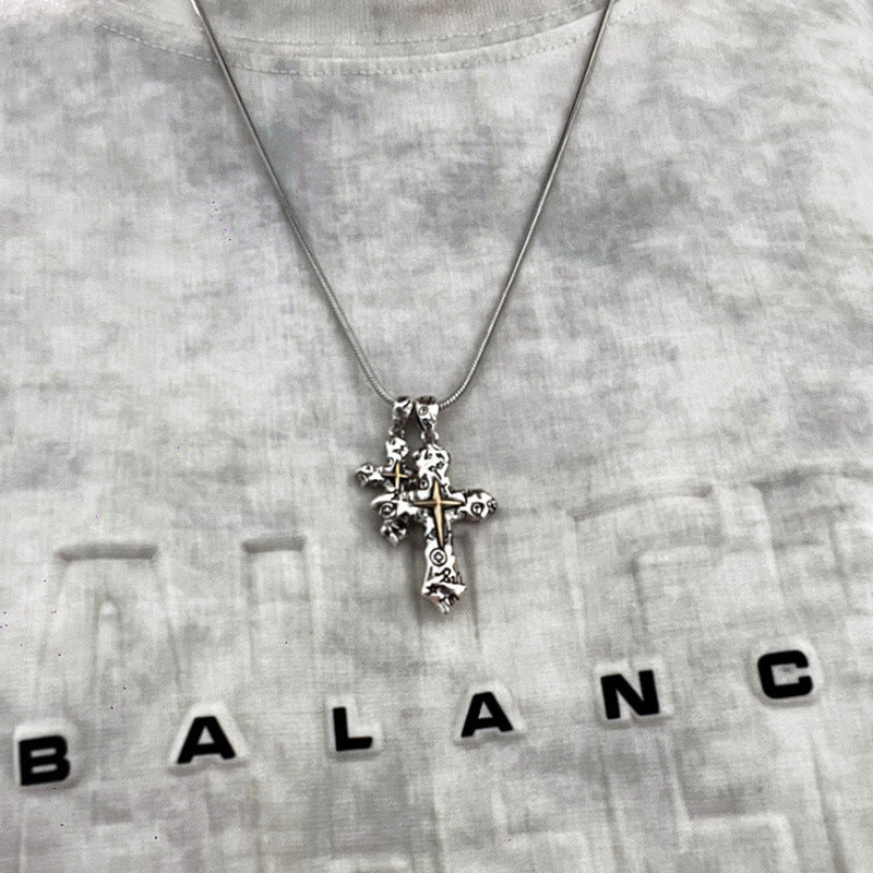 Wholesale Zinc Alloy Retro Graffiti Cross Pendant Necklace Unisex Hip Hop Trendy Fashion Accessory Gift