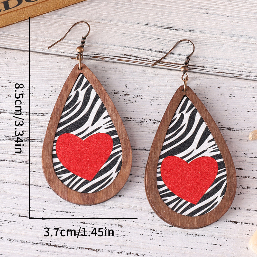 Wholesale Wooden zebra-print heart-shaped PU teardrop earrings