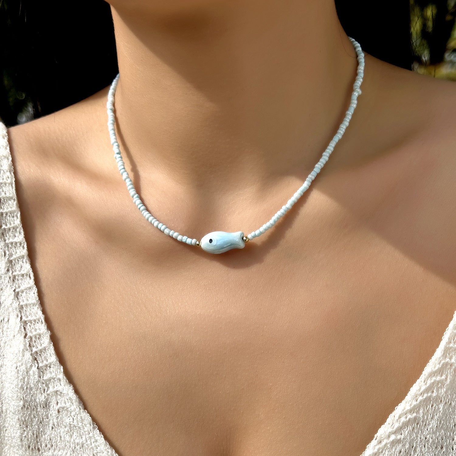 Wholesale  cute color ceramic double-sided painted small fish rice beads beaded necklace