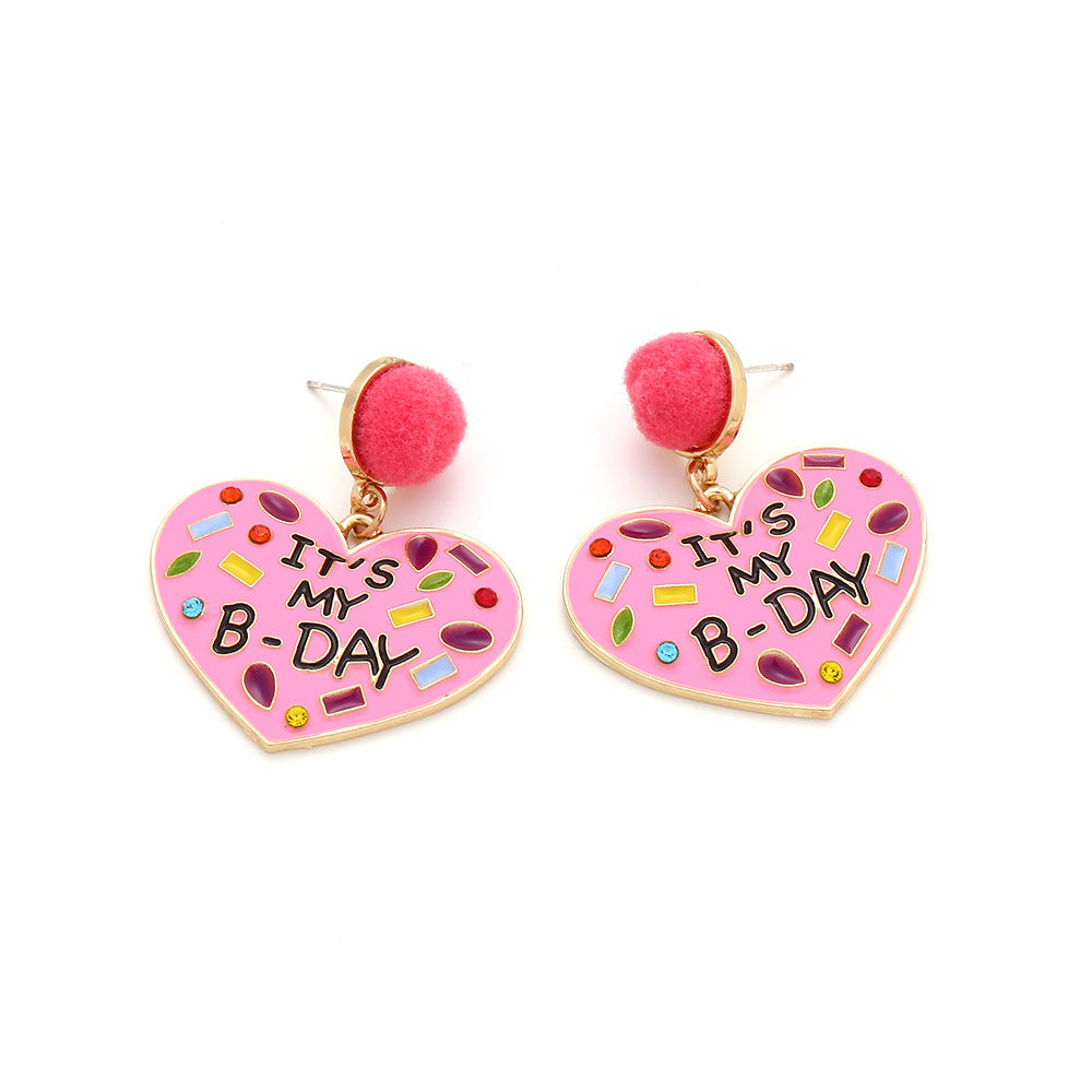 Wholesale My Birthday Colorful Diamond Enamel Heart-shaped Pom-pom Zinc Alloy Earrings ACC-ES-ManY003
