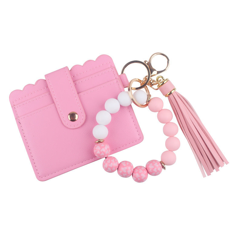 Wholesale  Cartoon Valentine's Day Printed Wooden Beads Pink Card Holder Bracelet PU Leather Tassel Wallet Keychain