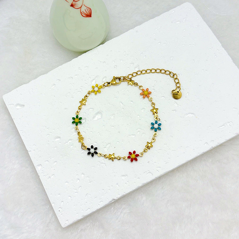 Wholesale  18k gold stainless steel daisy double-sided oil drop flower bracelet