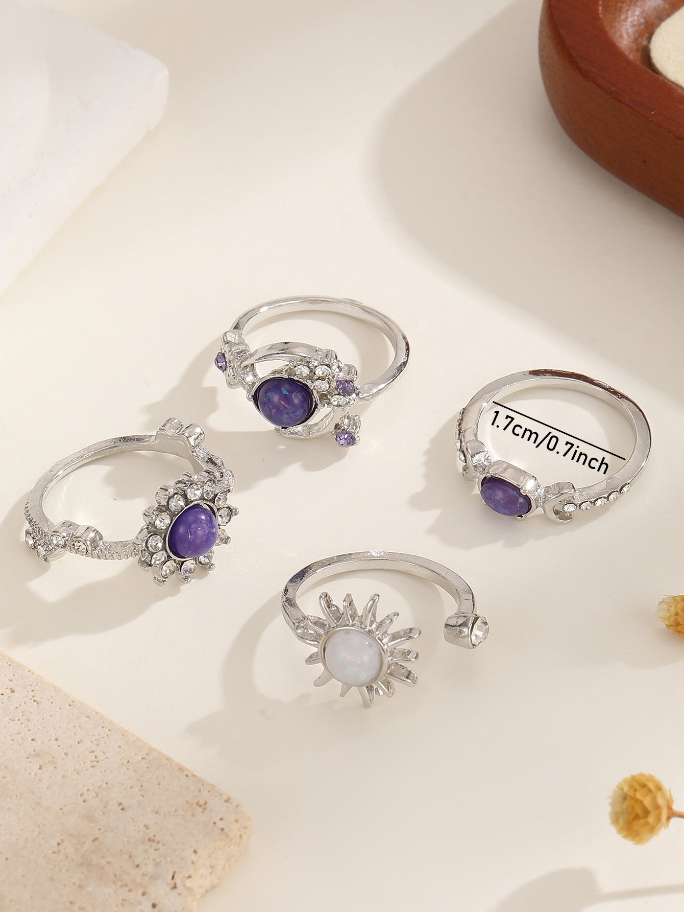Wholesale Vintage Purple Gemstone Geometric Ring Set For Women Gold Tone Alloy 4 Pieces Chic Everyday Jewelry Accessory