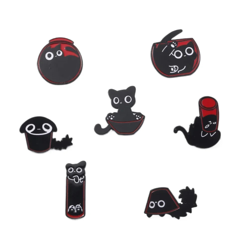 Wholesale  Cute  Cat Chest Pin Cartoon Fuzzy Little Black Cat Alloy 7 Piece Set Brooch