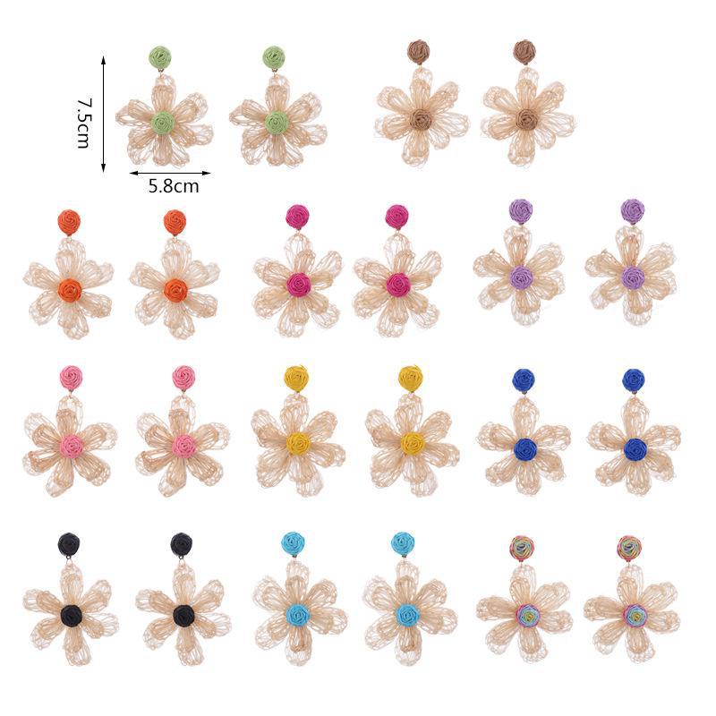 Wholesale Handmade Woven Rafi Grass Exaggerated Big Flower Earrings
