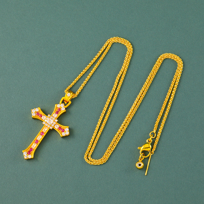 Wholesale Fashion Cross Pendant Necklace Gold Plated Copper Diamond Detail Jewelry Accessory for Women