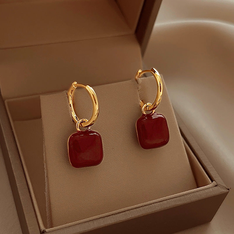 Wholesale red ear clip drip glaze square earrings