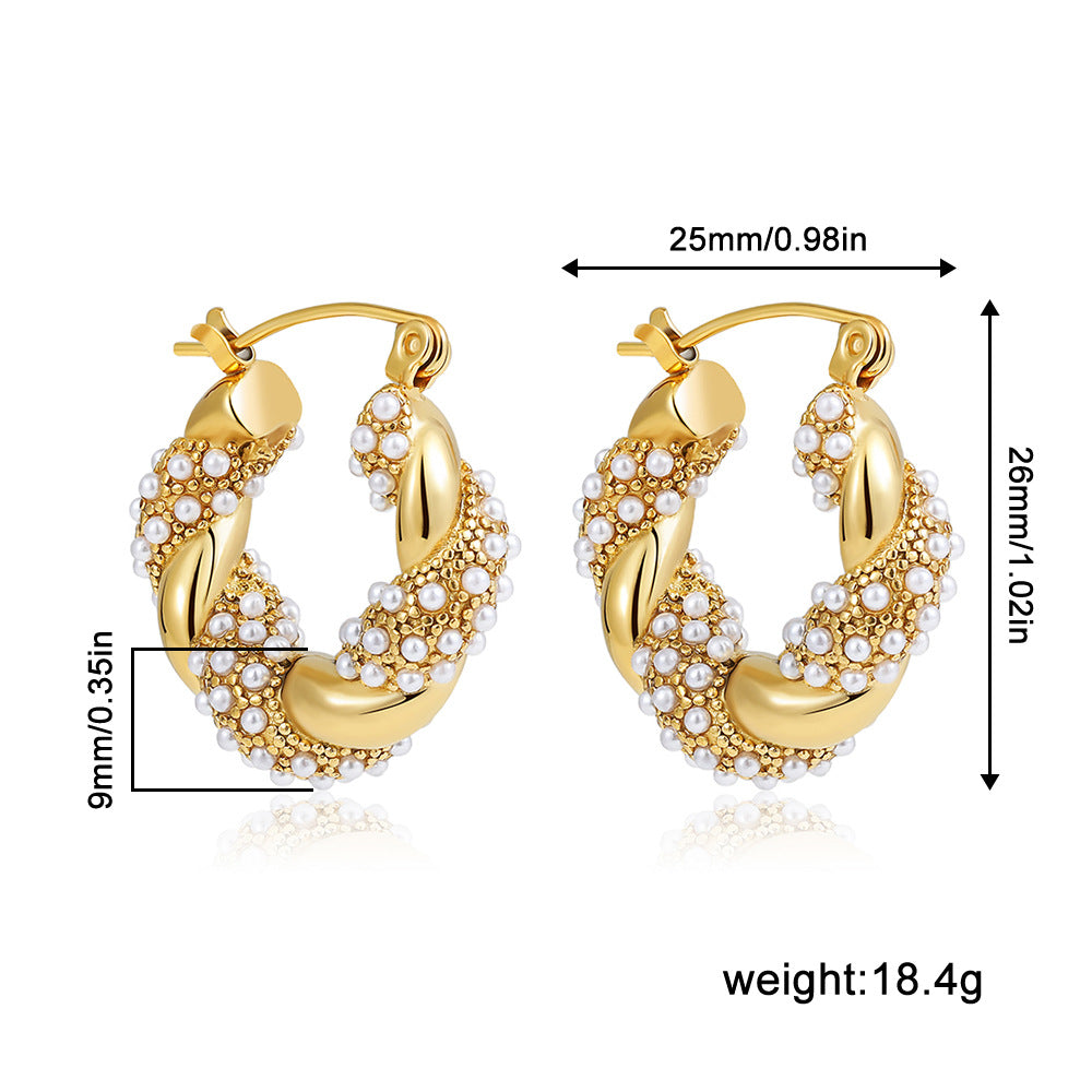 Wholesale  Stainless Steel Plated 18K Gold Kink Earrings with Diamond Twist Pearl Exaggerated Full Diamond Ear Ring