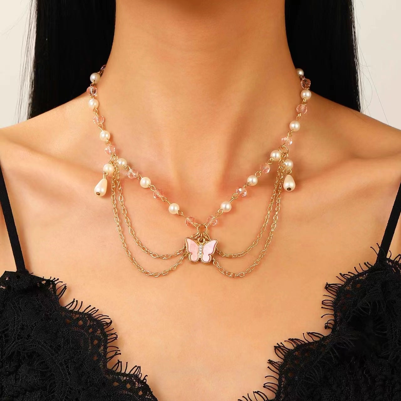 Wholesale Fashion Layered Imitation Pearl Cross Heart Butterfly Necklace Alloy Jewelry for Women