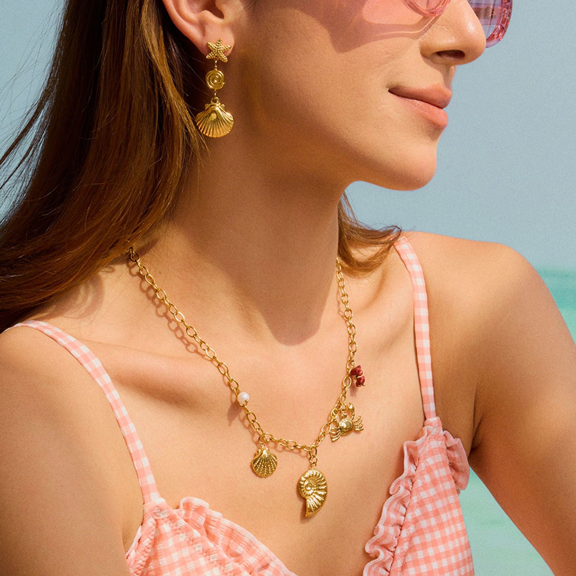 Wholesale 18K gold stainless steel ocean wind starfish shell pendant earrings