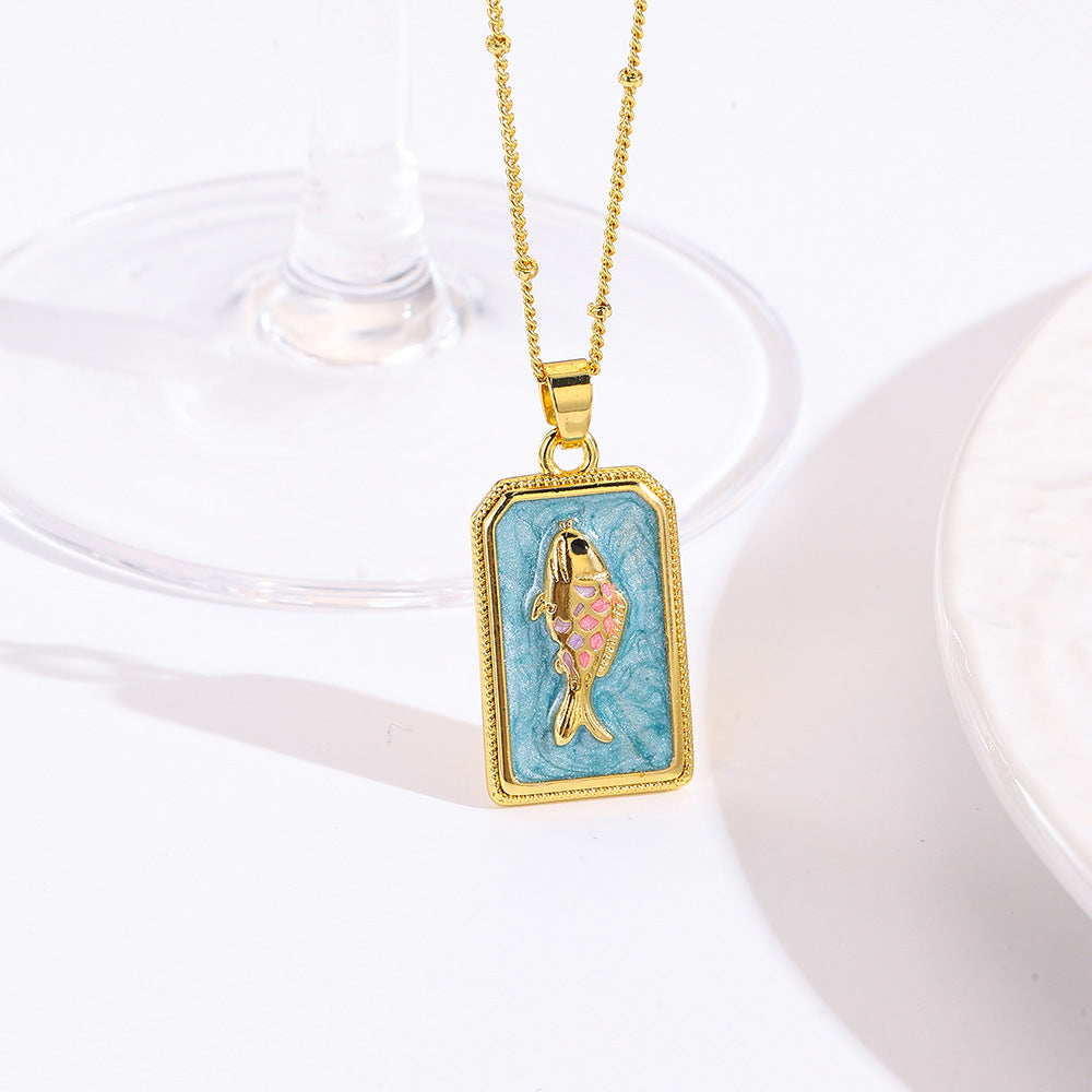 Wholesale square color dripping copper love conch shell eye moon jellyfish tarot pendant necklace