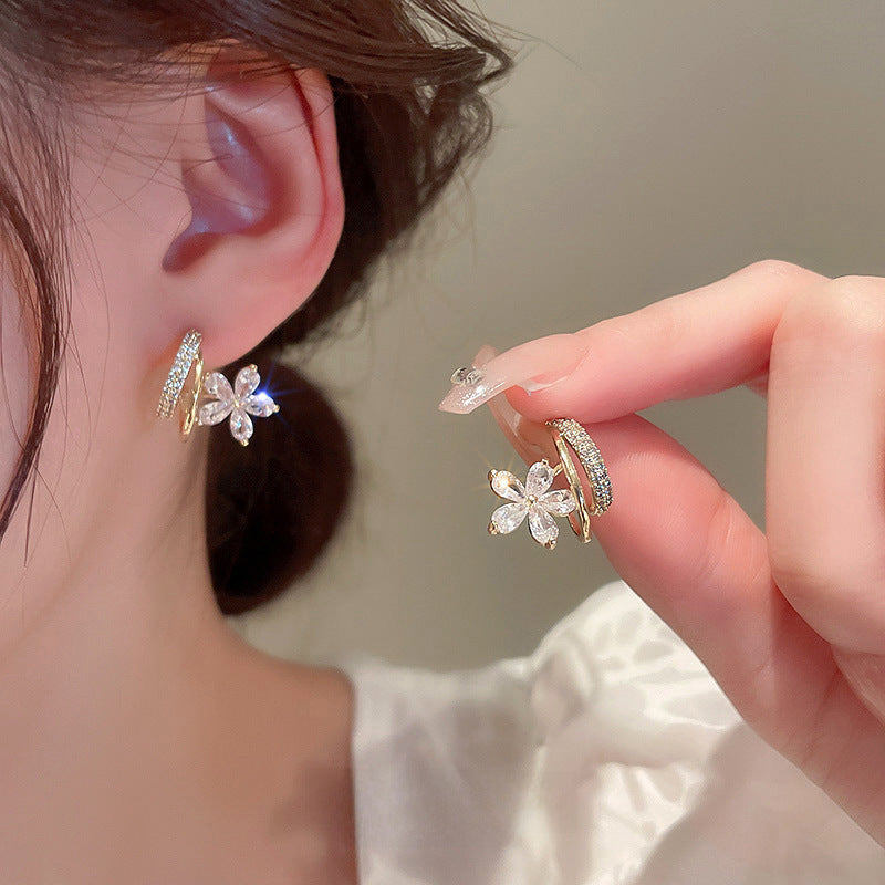 Wholesale electroplated silver needle zircon pearl flower heart earrings