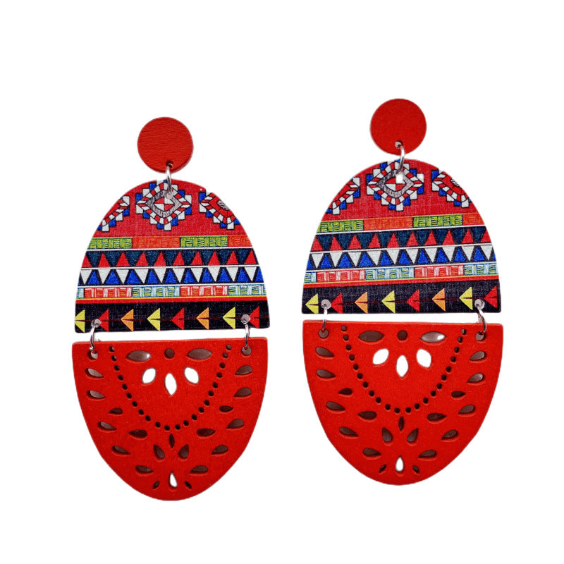 Wholesale Boho Style Cutout Printed Oval Wooden Earrings ACC-ES-FX005