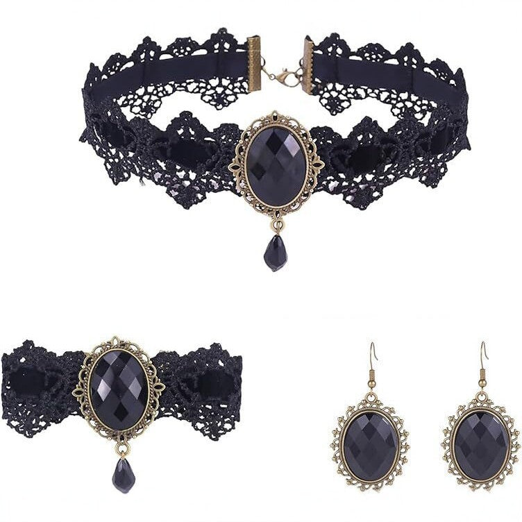 Wholesale Gothic Lace Choker Earring 3-Piece Set Artificial Crystal Pendant Fashion Accessory