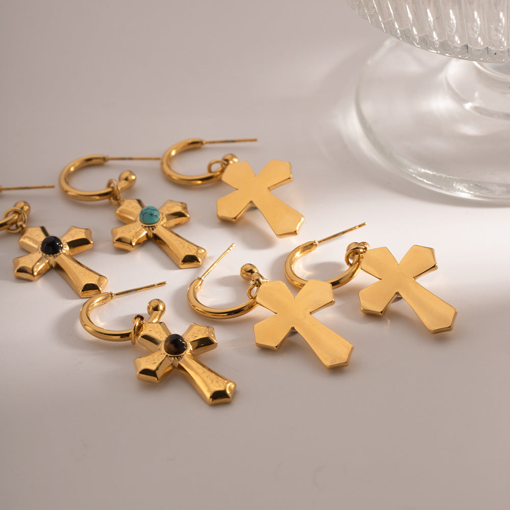 Wholesale Natural Stone Gold Beads Cross Pendant Earrings ACC-ES-WanX007
