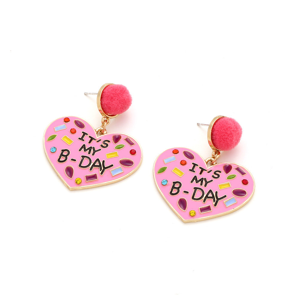 Wholesale My Birthday Colorful Diamond Enamel Heart-shaped Pom-pom Zinc Alloy Earrings ACC-ES-ManY003