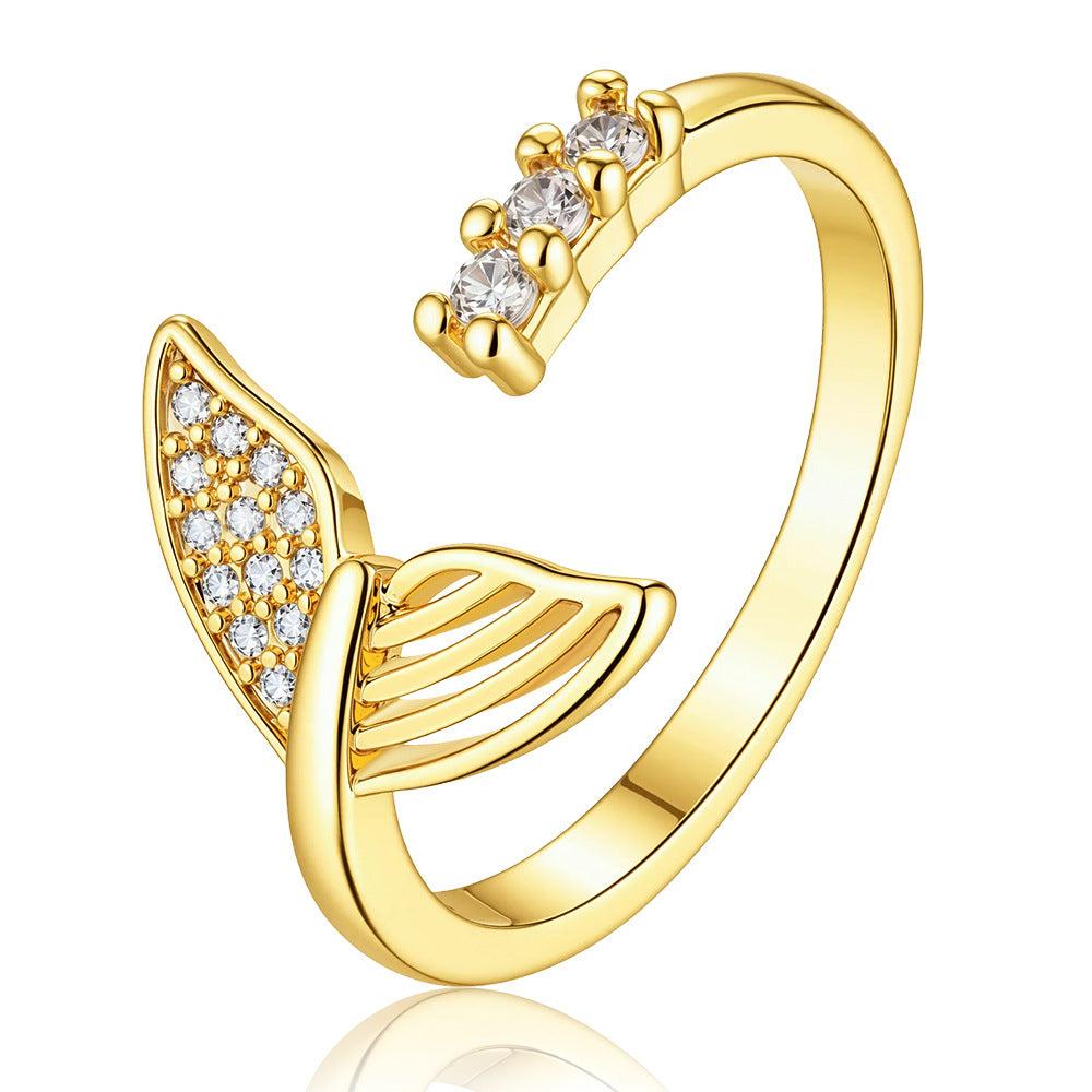 Wholesale Fashion Gold Copper Zircon Adjustable Fish Tail Hollow Ring For Women Minimalist Japanese Light Luxury Jewelry Accessory