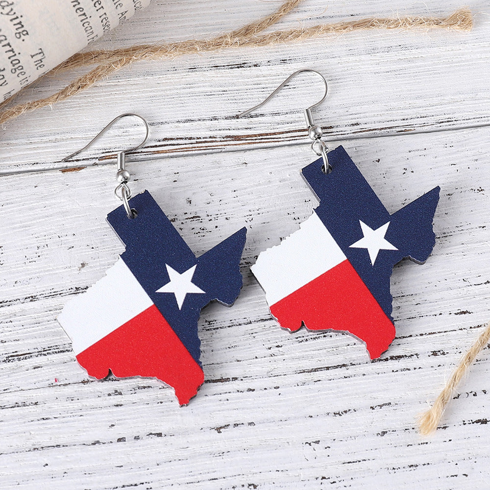 Wholesale  US Independence Day Red White Blue Stars Texas Map State Flag  Wooden Double Sided Earrings