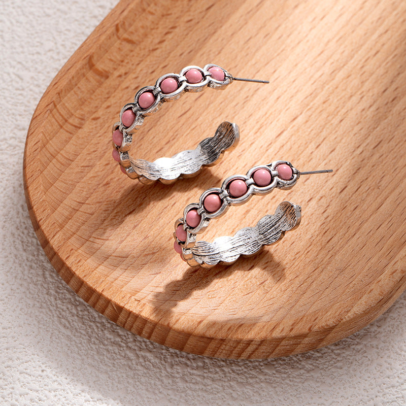 Wholesale Retro Western Style Turquoise Large Circle C-Shaped Earrings