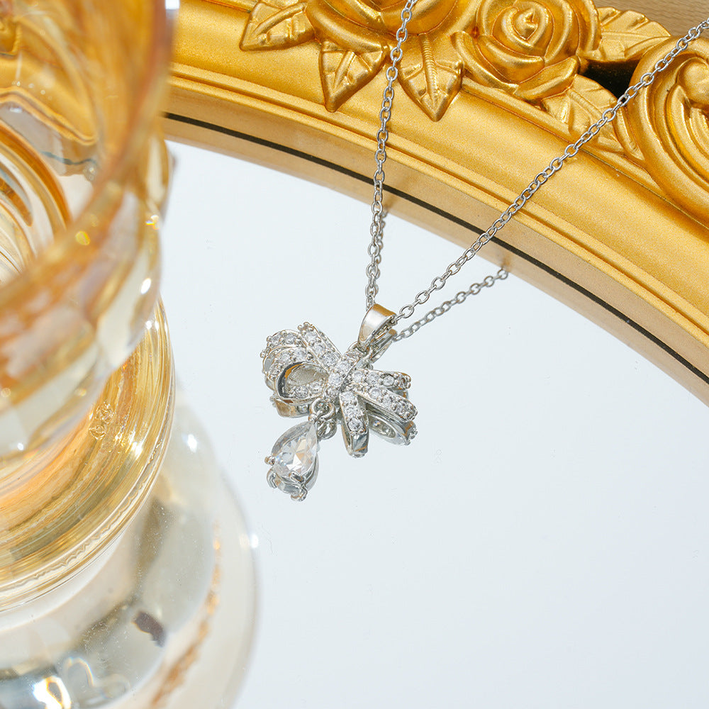 Wholesale Titanium Steel Bow Zircon Necklace and Earrings Set for Women Everyday Jewelry
