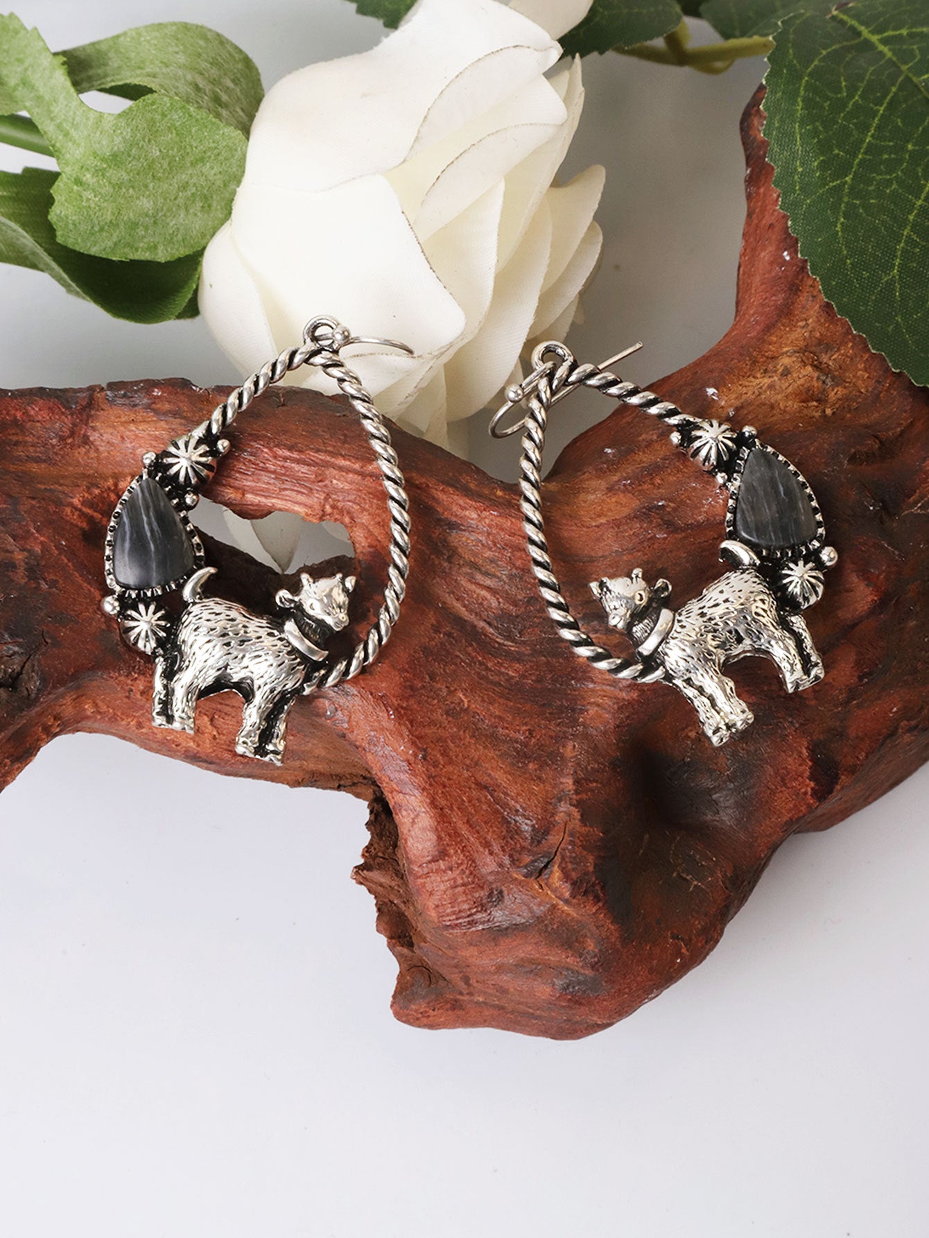 Wholesale Exaggerated Animal Retro Multi-color Turquoise Ancient Silver Earrings ACC-ES-Xilu005