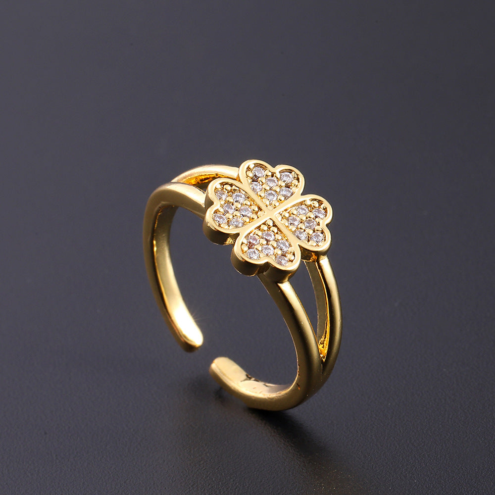 Wholesale European Fashion Sparkling Gold Plated Copper Zircon Open Ring Geometric Chic Jewelry Accessory Gift