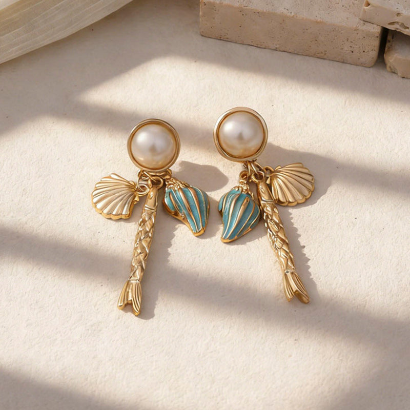 Wholesale Ocean-Inspired Textured Gold Conch and Starfish Stud Earrings