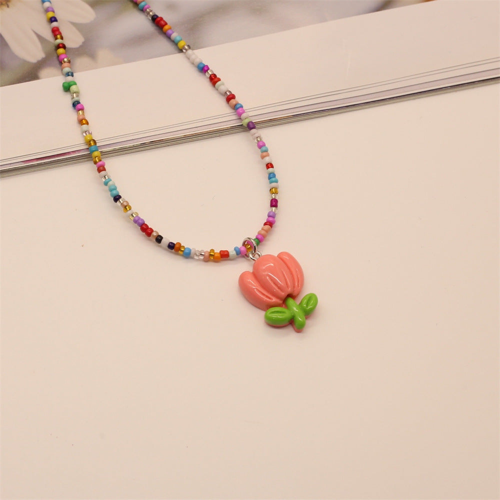 Wholesale 5pcs Colorful Beaded Tulip Sunflower Flower Necklace