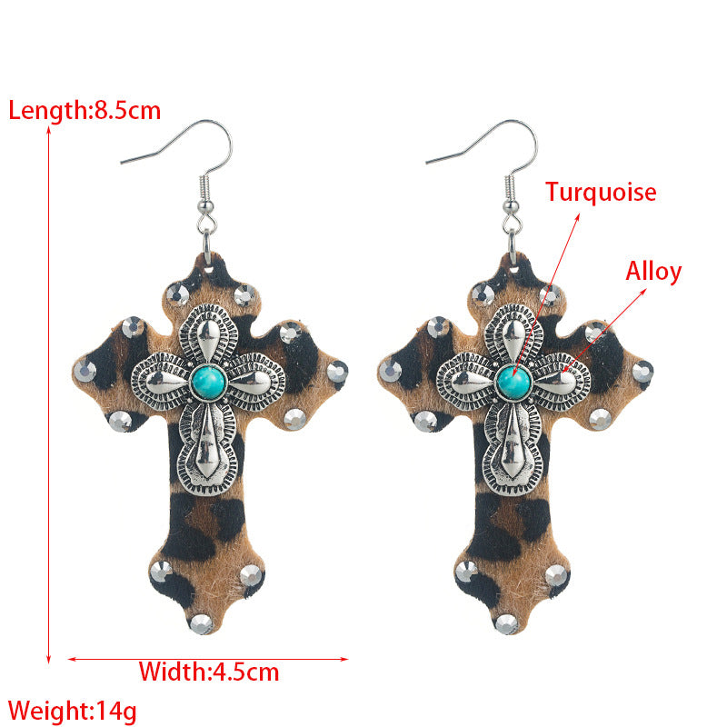 Wholesale Leopard Leather Cross Alloy Inlaid Turquoise Exaggerated Earrings