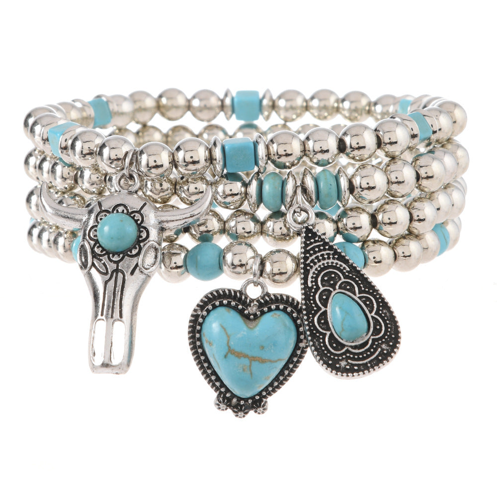 Wholesale Turquoise Set Beaded Bracelet Bull Head Heart Pendant Fashion Bracelet Versatile Design Bracelet