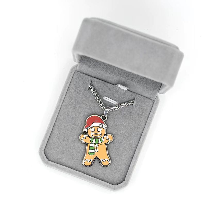 Wholesale Stainless steel enamel Gingerbread Man Christmas holiday necklace
