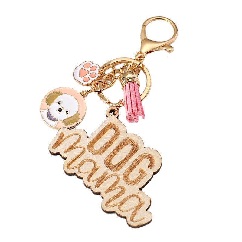 Wholesale Colorful DOG MAMA Tassel Wood Keychain Mother's Day ACC-KC-HuiWen012