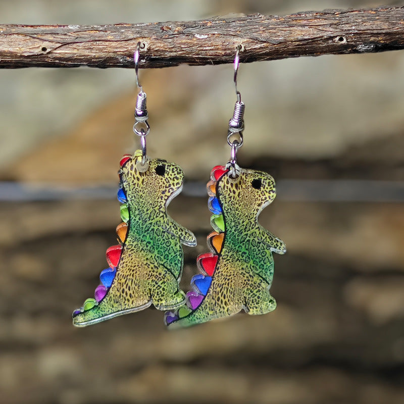 Wholesale Acrylic Cute cartoon colorful leopard print dinosaur earrings