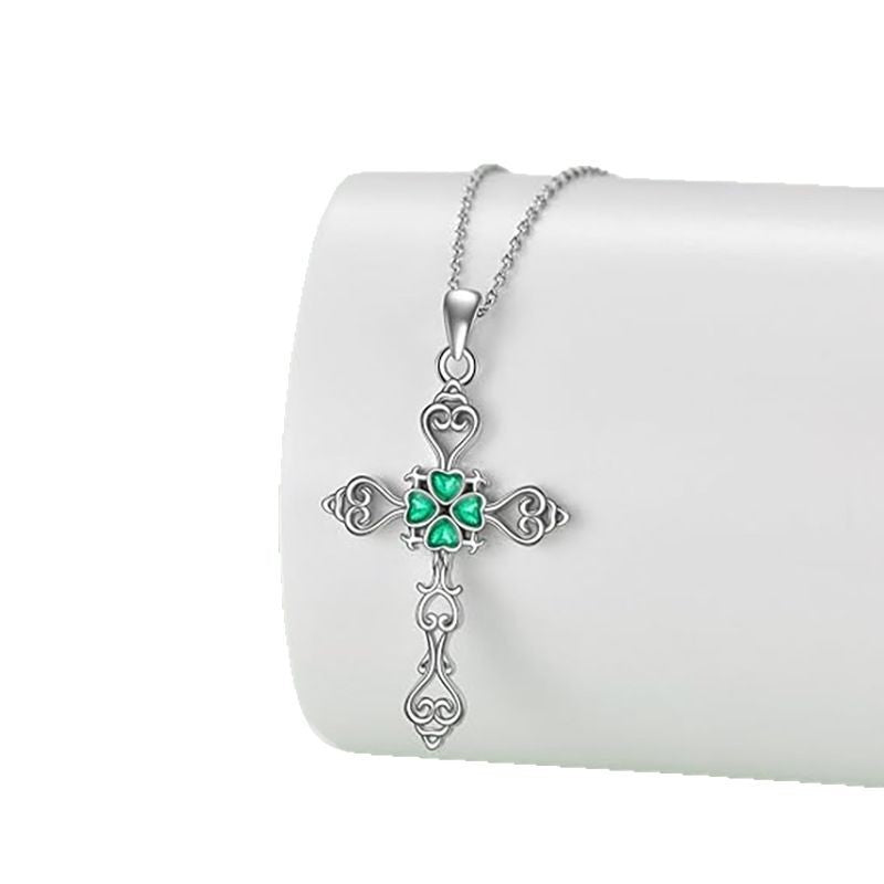 Wholesale Metal Cross Lucky Clover Pendant  Hollow Flower Necklace