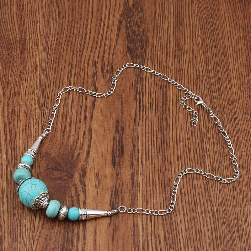 Wholesale Silver-Tone Alloy Vintage Ethnic Hollowed Turquoise Pendant Necklace,  Jewelry Accessory