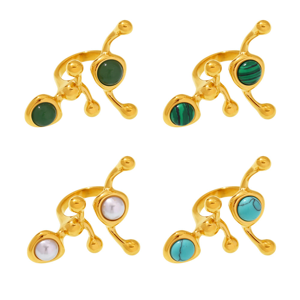 Wholesale Stainless Steel  Exaggerated Irregular Shaped Inlaid Beads Natural Stone Ring