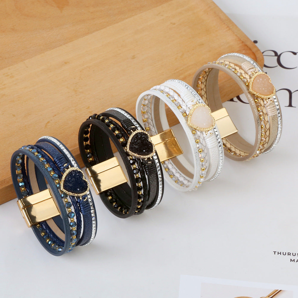 Wholesale love bracelet handwoven leather magnet buckle diamond alloy bracelet ACC-BT-Hongx001