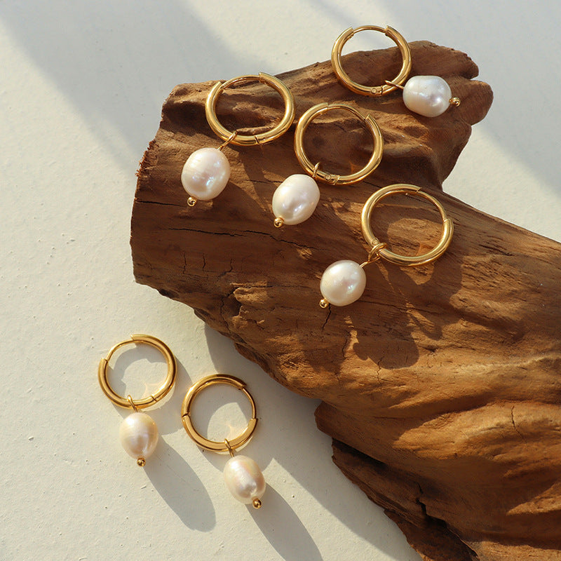 Wholesale French Vintage Freshwater Pearl Hoop Earrings Titanium Steel Gold Plated Jewelry Accessory