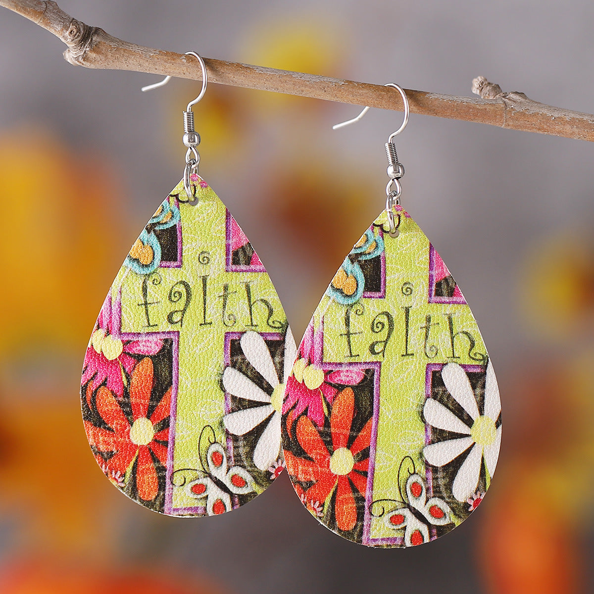 Wholesale  turquoise cow pattern cross water drop PU double-sided  earrings