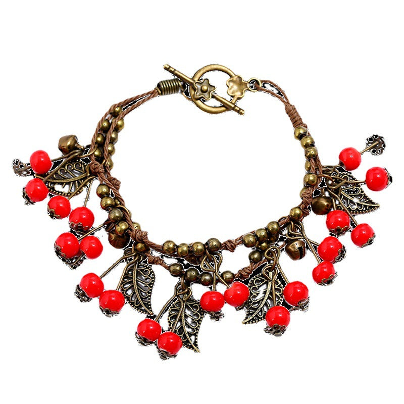 Wholesale Retro Forest Style Cherry Bracelet Ethnic Style Tassel Ceramic Bracelet Vintage ACC-BT-Luox003