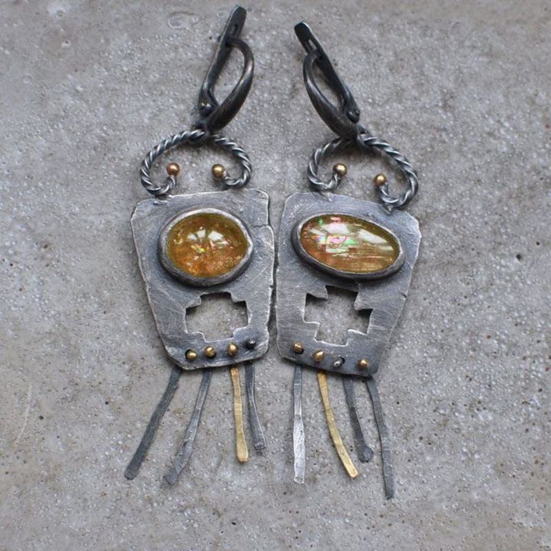 Wholesale Champagne Color Opal Earrings Antique Creative Hollow Cross Asymmetric Earrings