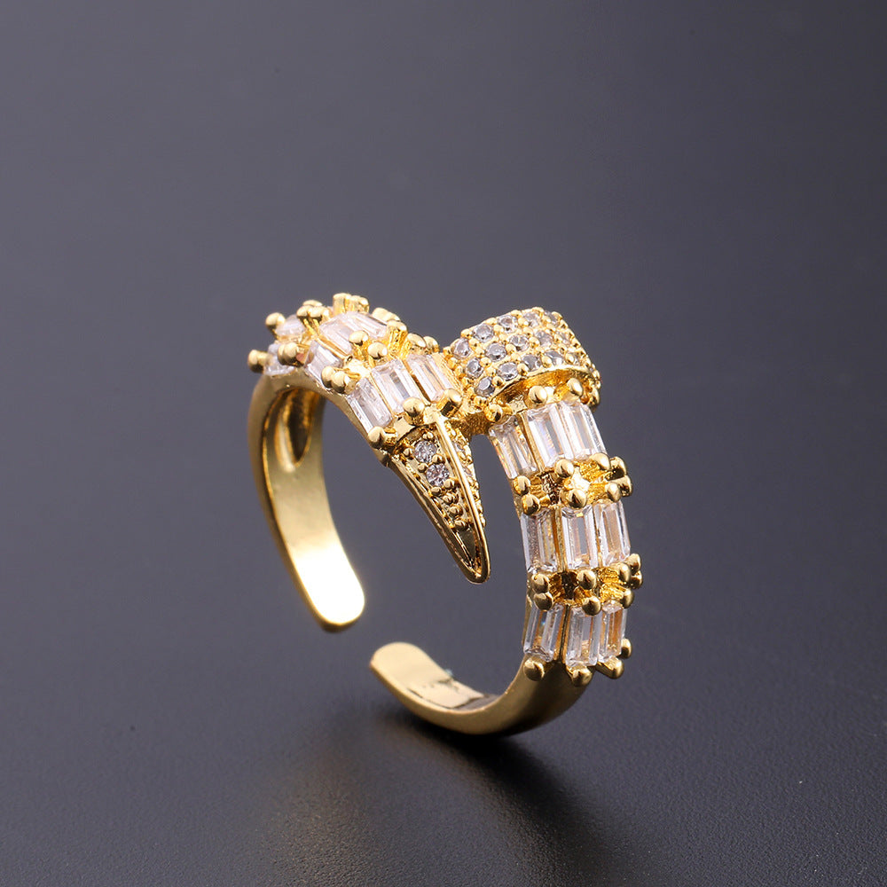 Wholesale European Fashion Sparkling Gold Plated Copper Zircon Open Ring Geometric Chic Jewelry Accessory Gift