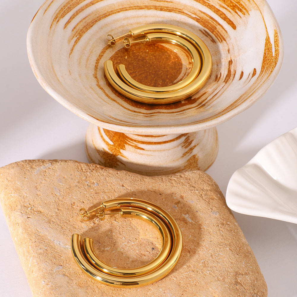 Wholesale Gold Ring High C- shaped Hook Ear Ring Stainless Steel Plated 18K Real Gold Earrings