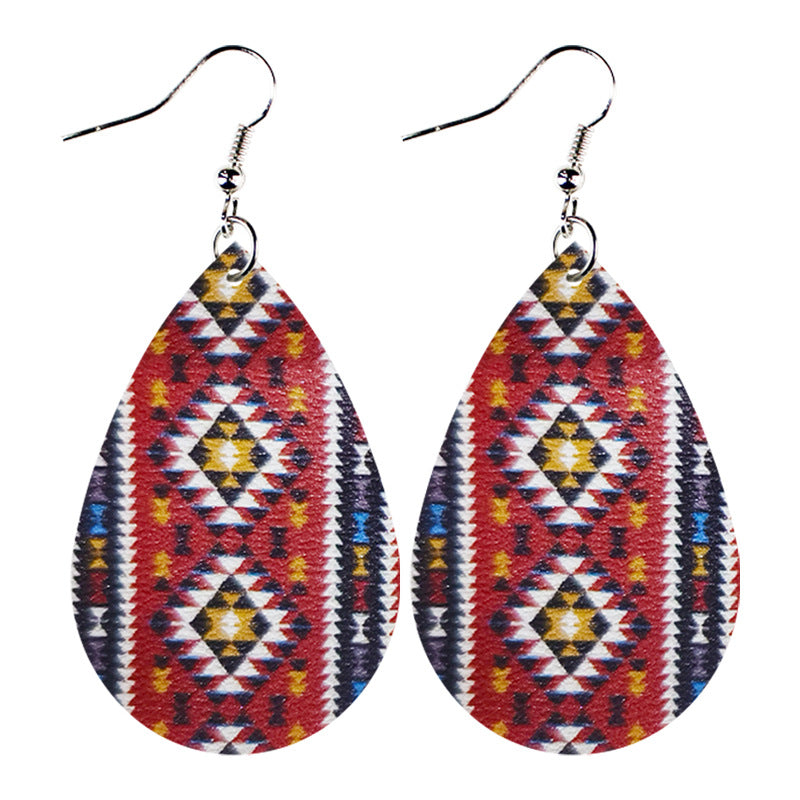 Wholesale Western Style Ethnic Totem Pattern Striped Leather Drop Shape  Earrings