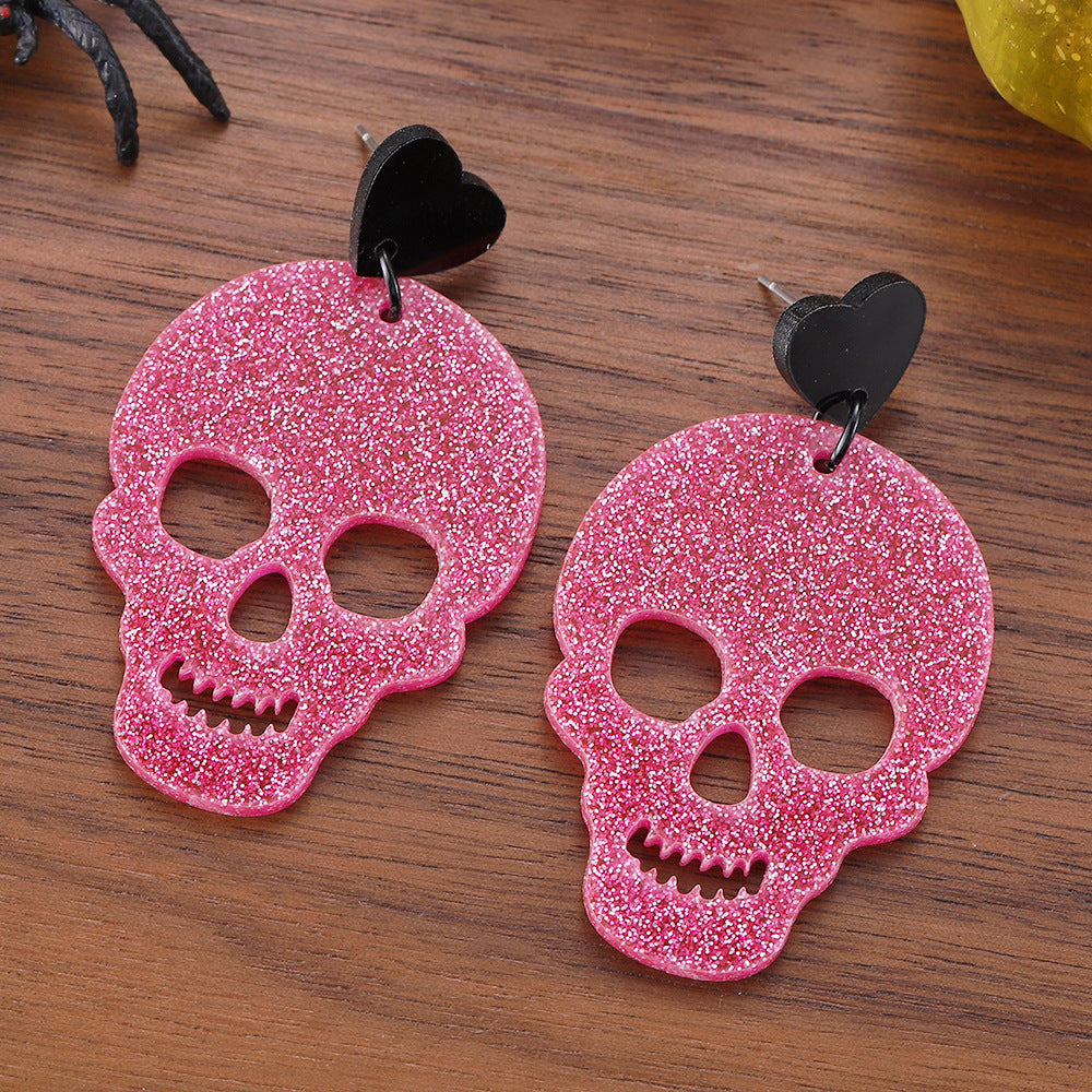 Wholesale Halloween Pink Skull Sequins Acrylic Hollow Pendant Earrings