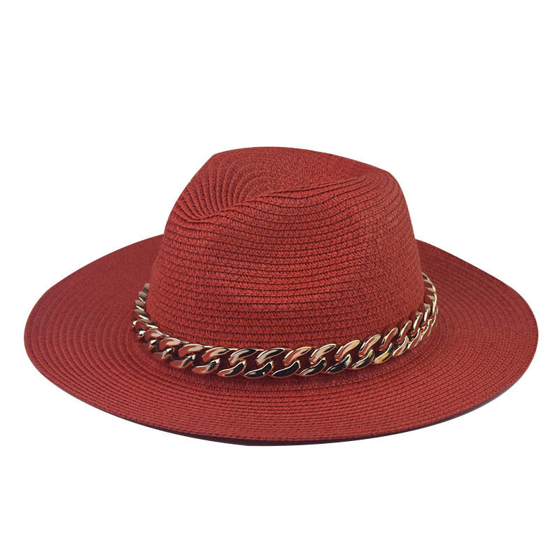 Wholesale Trendy Wide Brim Straw Hat With Gold Chain Decoration Flat Top Khaki Sun Hat For Summer Casual Wear
