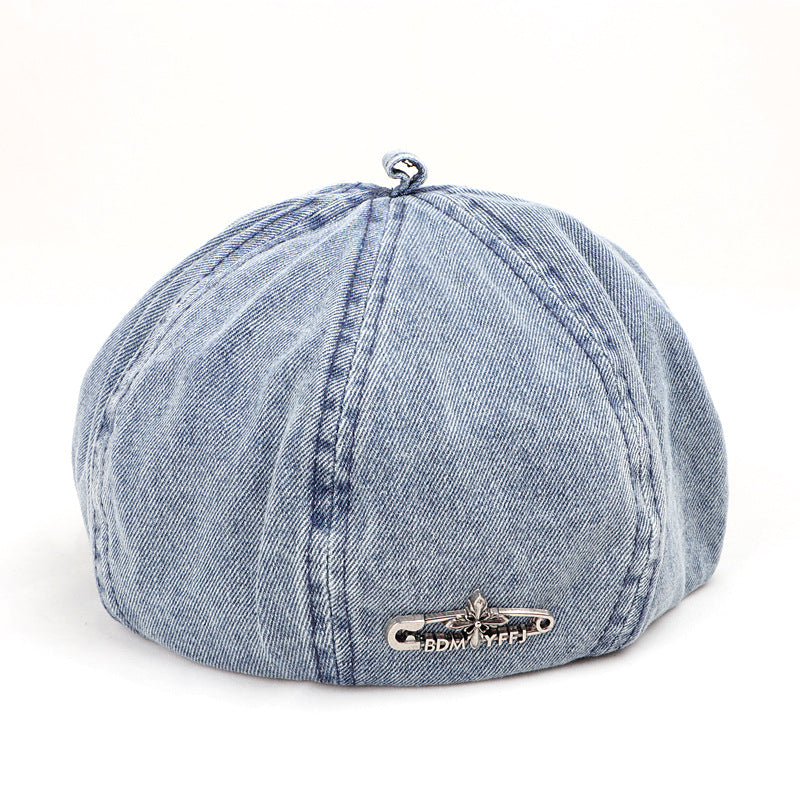 Wholesale Beret  retro washed distressed metal label pin Denim hat