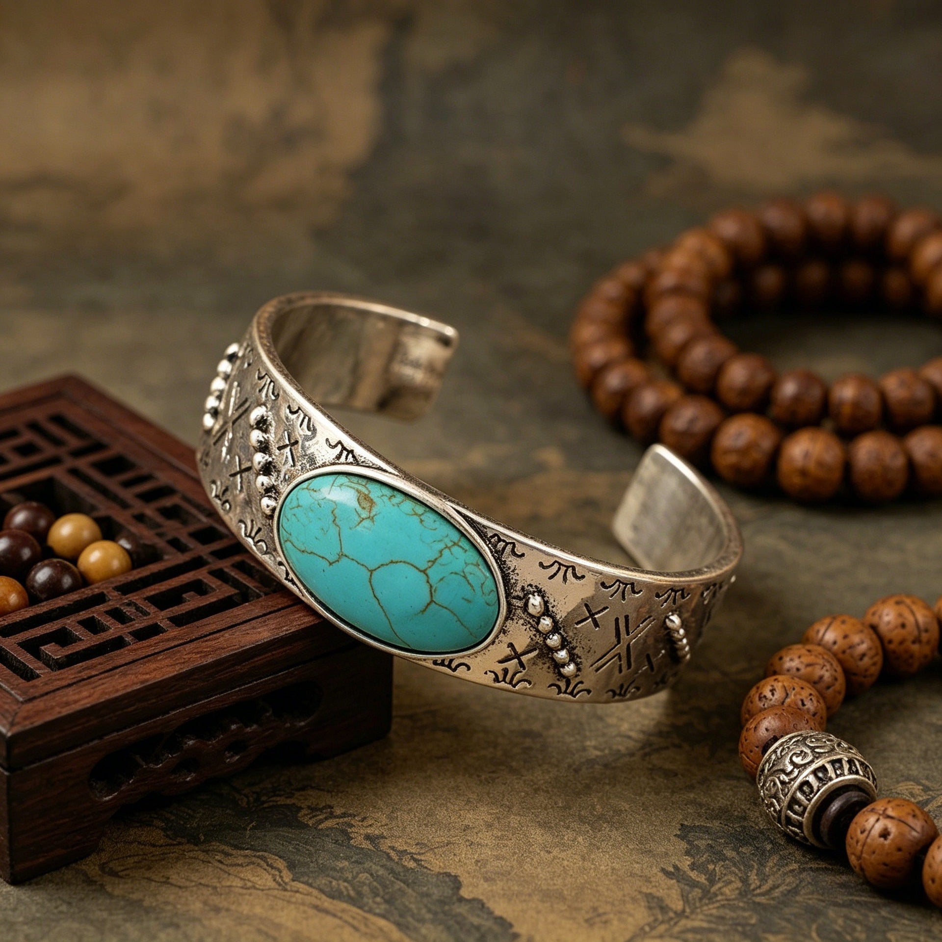Wholesale Retro Turquoise Print Open Bangle Chic Jewelry Accessory For Everyday Wear