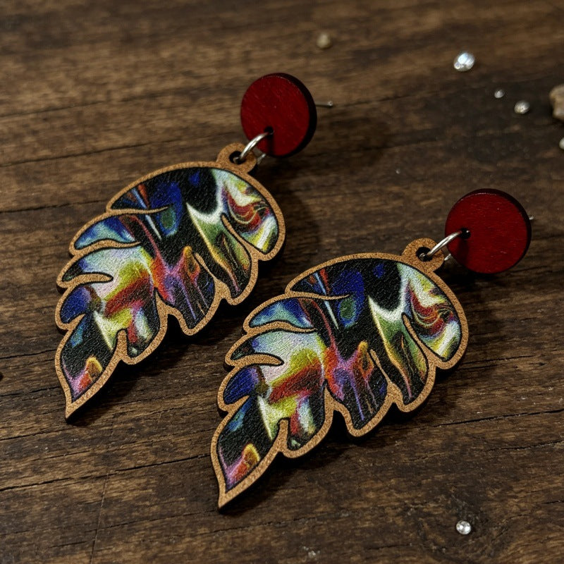Wholesale Colorful Wooden Leaf Earrings Trendy Printed Monstera Drop Earrings Retro Fashion Jewelry Accessory Resale Boutique Gift